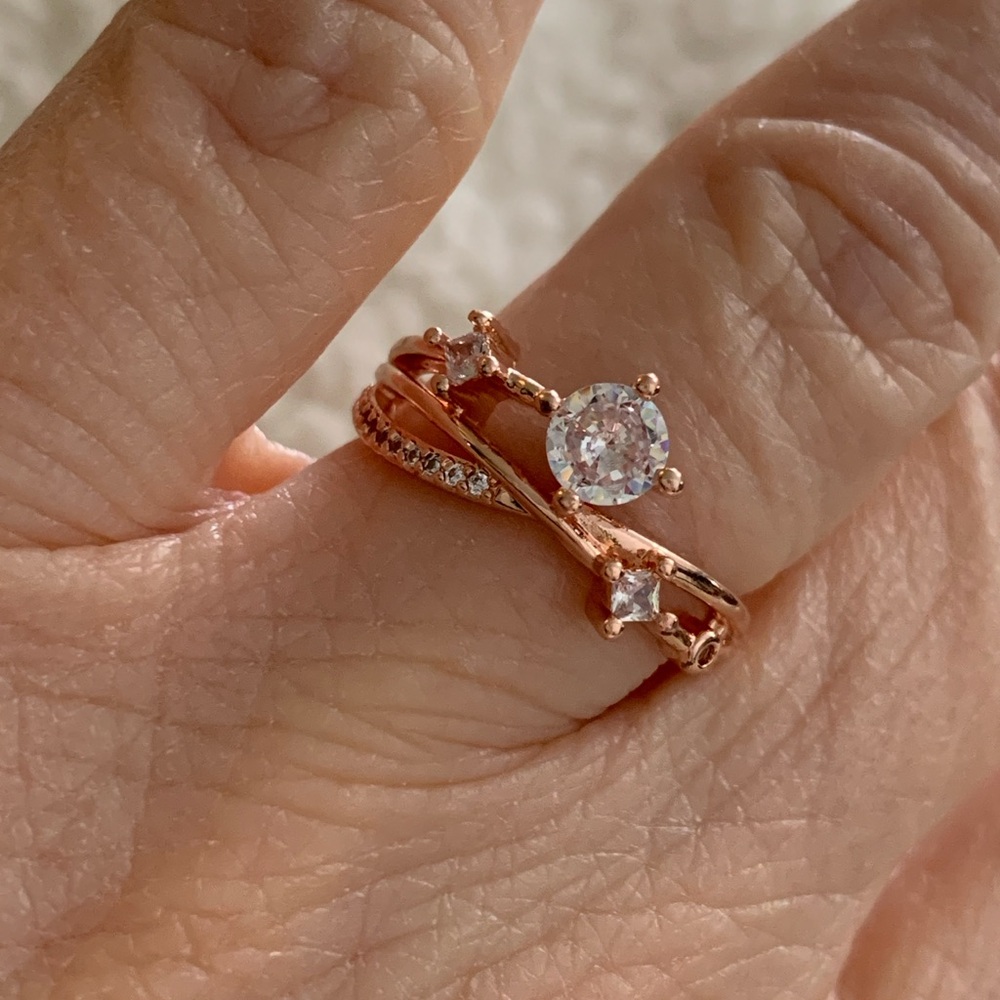 Rose Gold Adjustable Wrap Ring - CZ Crystal Solitaire Style - 7-8 NWOT